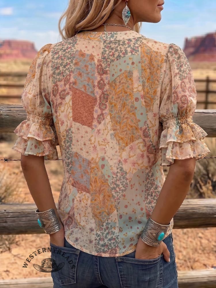 Vintage Art Print Comfortable Summer Fabrics Puff Sleeve Casual Shirt