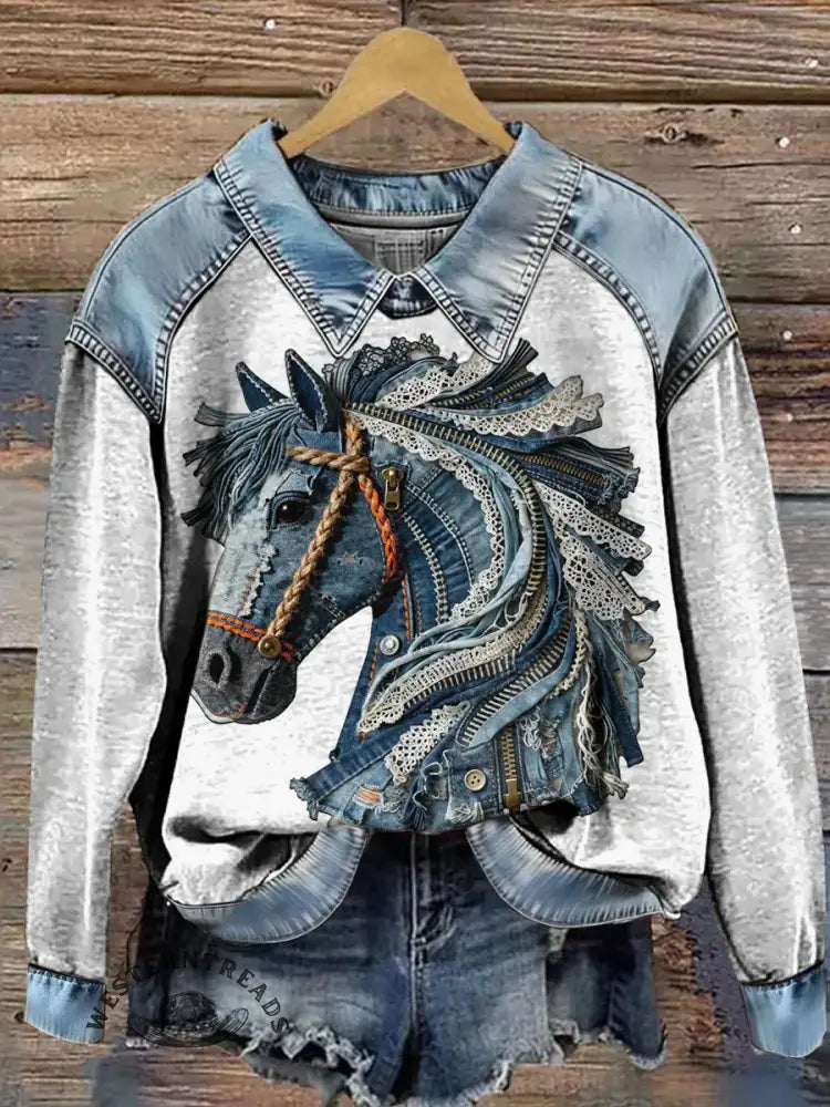 Horse Print Casual Denim Patchwork Sweatshirt
