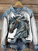 Horse Print Casual Denim Patchwork Sweatshirt