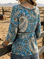 Women's Paisley Print Casual 3/4 Sleeves Hollow Denim Shirt