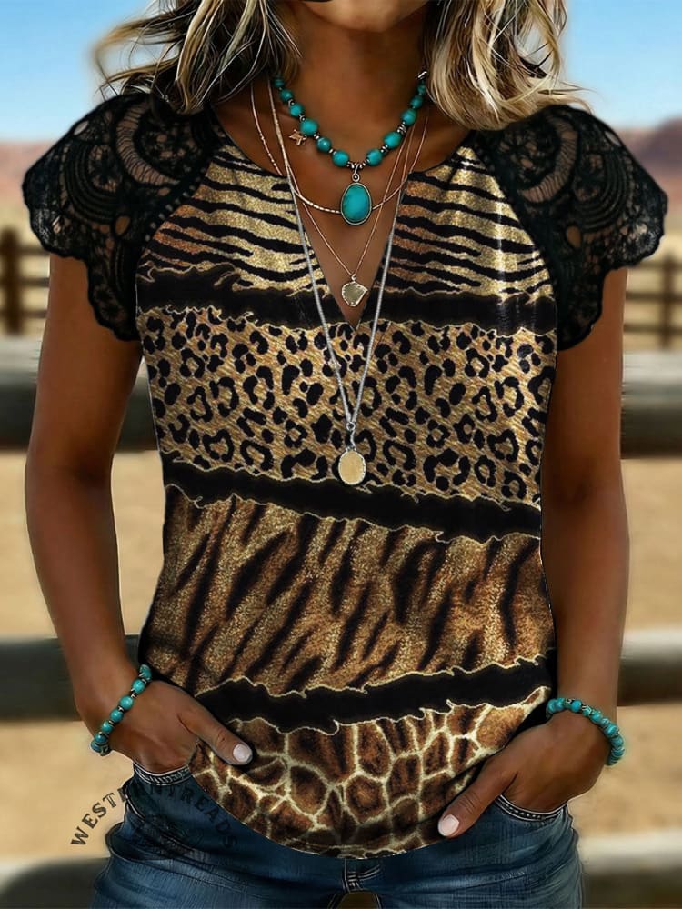 Women's Vintage Leopard Print Lace Patchwork Top