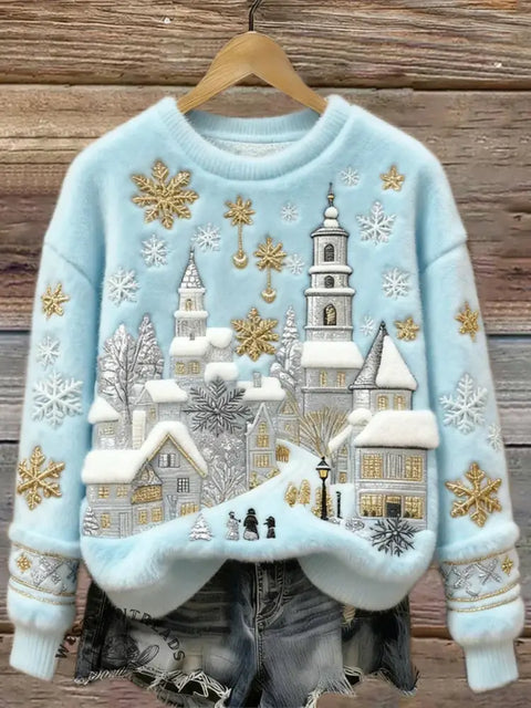 Christmas Snow Scene Embroidery Art Print Cozy Plush Sweater