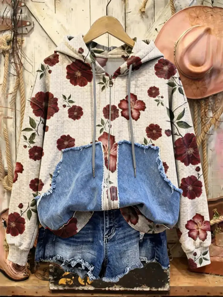 Retro Print Casual Cotton Patchwork Hooded Zip-up Sweatshirt