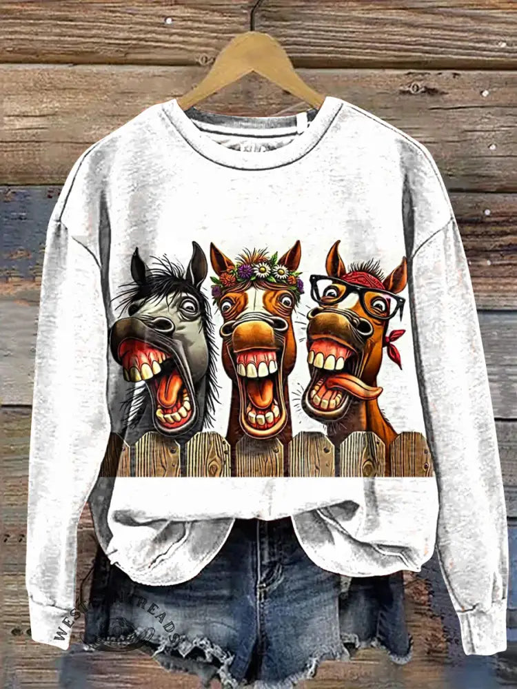 Funny Horse Art Print Casual Cotton Sweatshirt