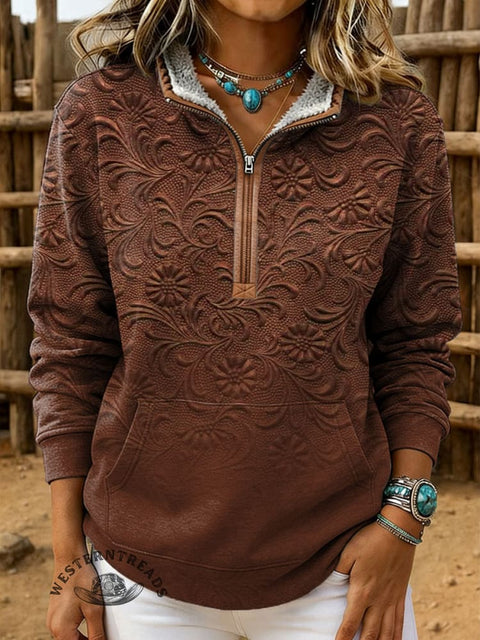 Retro Floral Print Casual Half-zip Cotton Sweatshirt