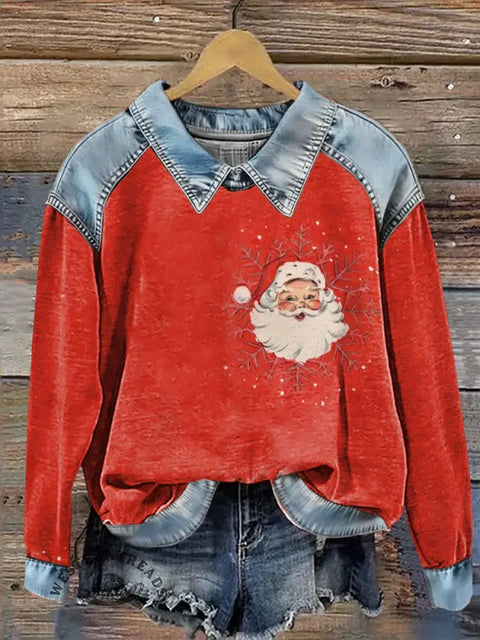 Women's Santa Claus Print Casual Denim Patchwork Sweatshirt