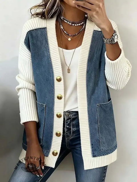Women's Denim Patchwork Knitted Cardigan Coat