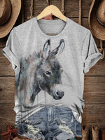 Retro Western Donkey Art Print Casual T-shirt