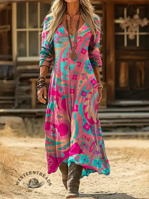 Paisley Art Print Casual V-neck Dress