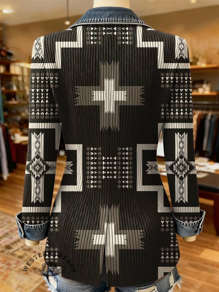 Aztec Print Patchwork Denim Sweater
