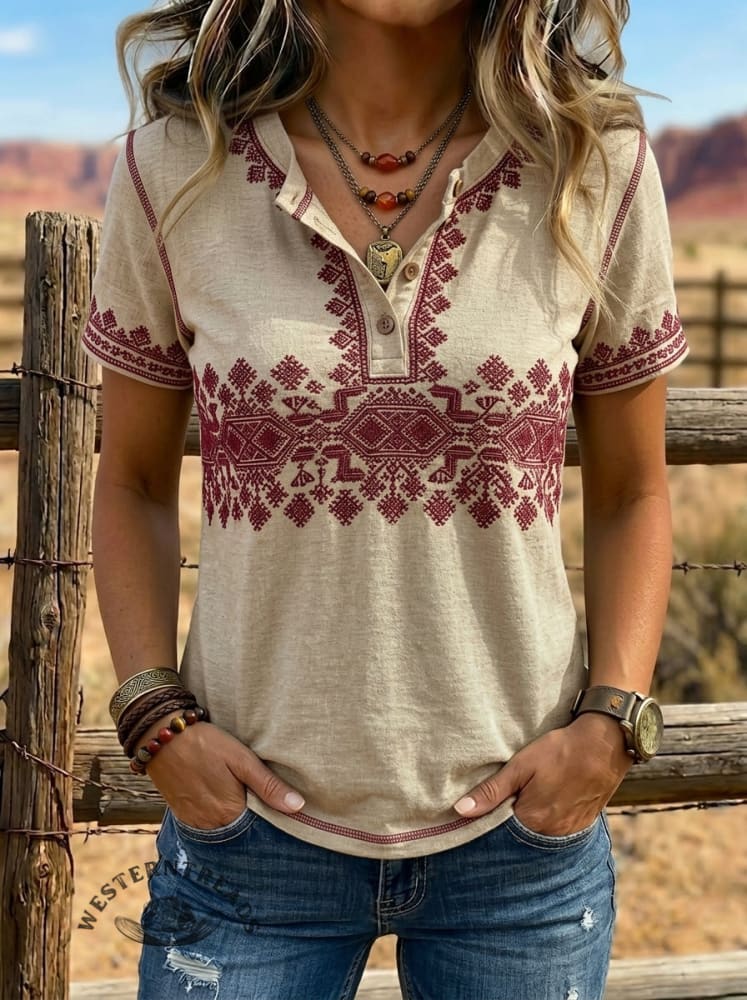 Vintage Art Print Western Henley Neck T-shirt
