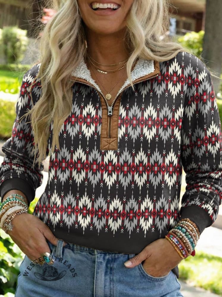 Aztec Print Casual Half-zip Cotton Sweatshirt