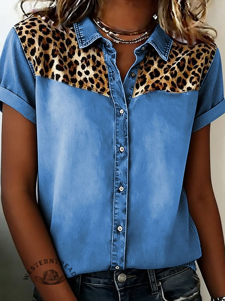 Women's Washed Denim Leopard Print Shirt