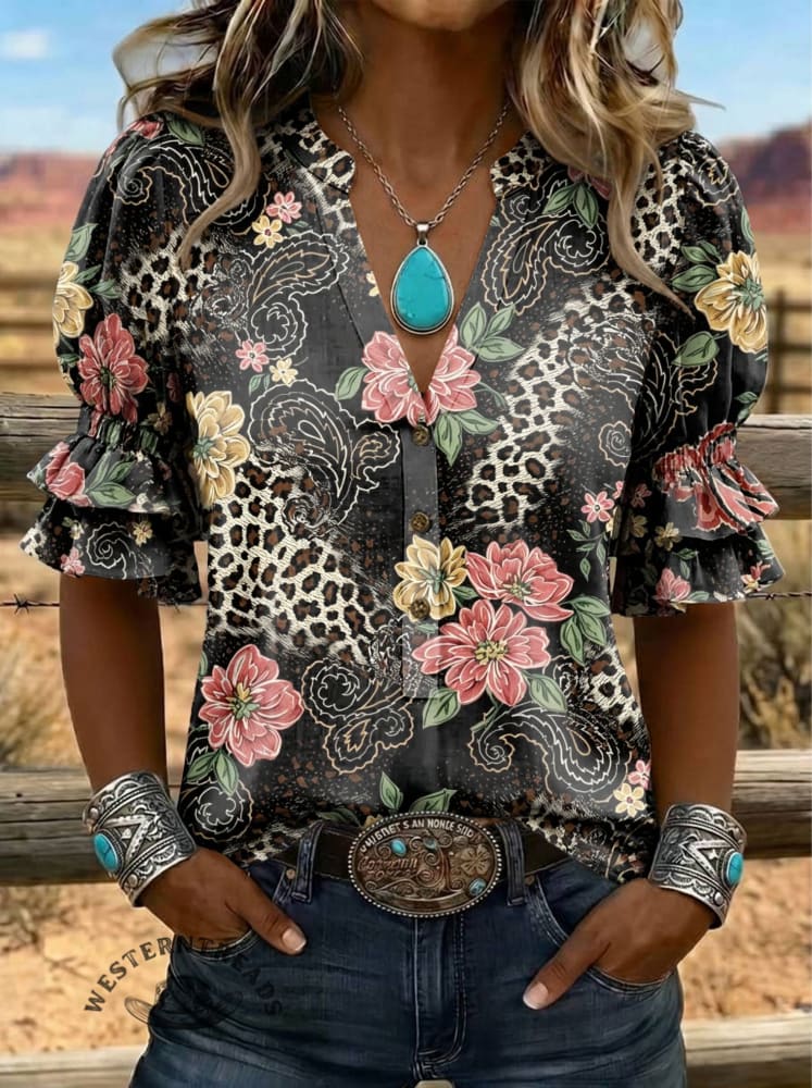 Women's Floral Cow Print Puff Sleeve Casual Shirt