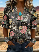 Women's Floral Cow Print Puff Sleeve Casual Shirt