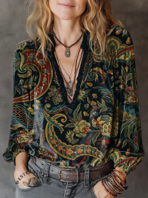 Women's retro flower Print Casual Cotton Shirt