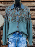 Denim Floral Polo Collar Button Cardigan Sweater