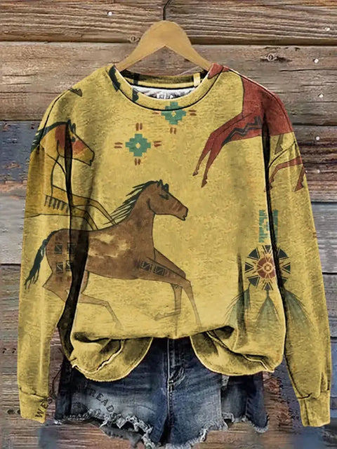 Retro Horse Art Print Casual Cotton Sweatshirt