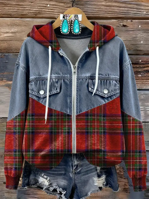 Christmas Plaid Patchwork Denim Zip-up Hoodie
