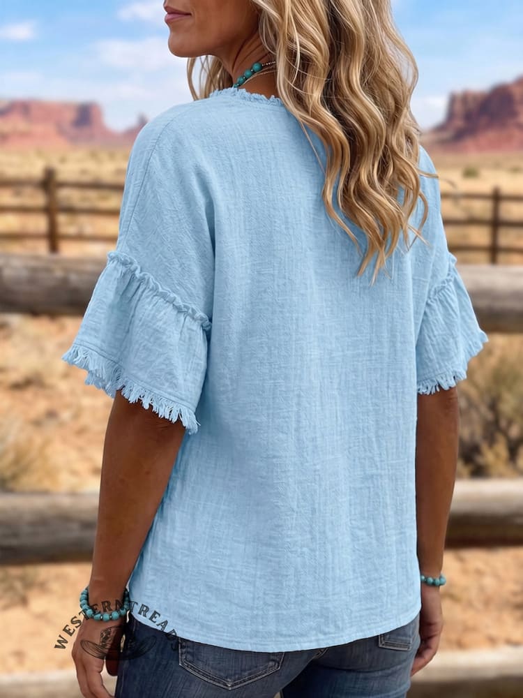 Vintage Art Western V Neck Cotton Linen Patchwork Shirt