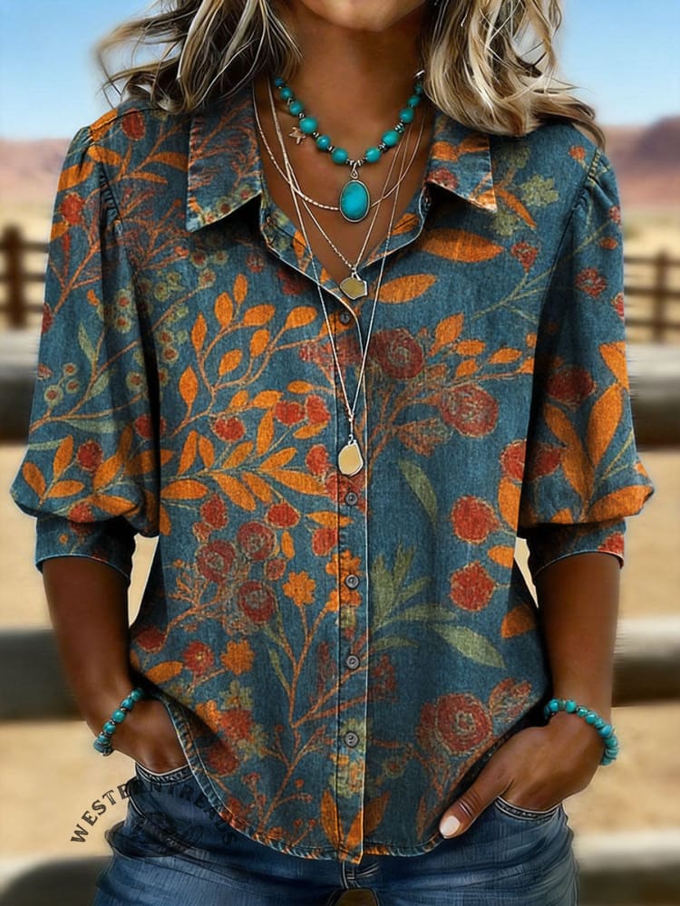 Vintage Floral Art Print Casual Puff Sleeve Denim Shirt
