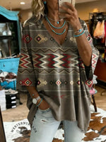 Retro Aztec Print Casual V-neck Denim Loose Shirt