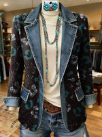 Leopard Art Print Patchwork Denim Sweater Cardigan Coat