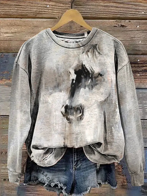 Retro Horse Print Casual Cotton Sweatshirt
