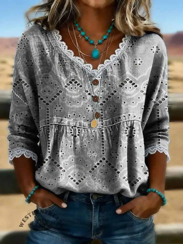 Women's Retro Lace-like Visual Print Casual Hollow-out Denim Shirt