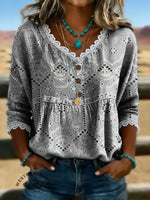 Women's Retro Lace-like Visual Print Casual Hollow-out Denim Shirt