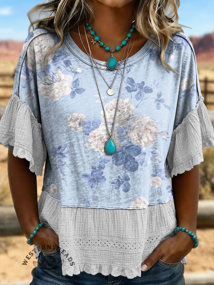 Women's Vintage Art Print Casual Short Sleeves Shirt