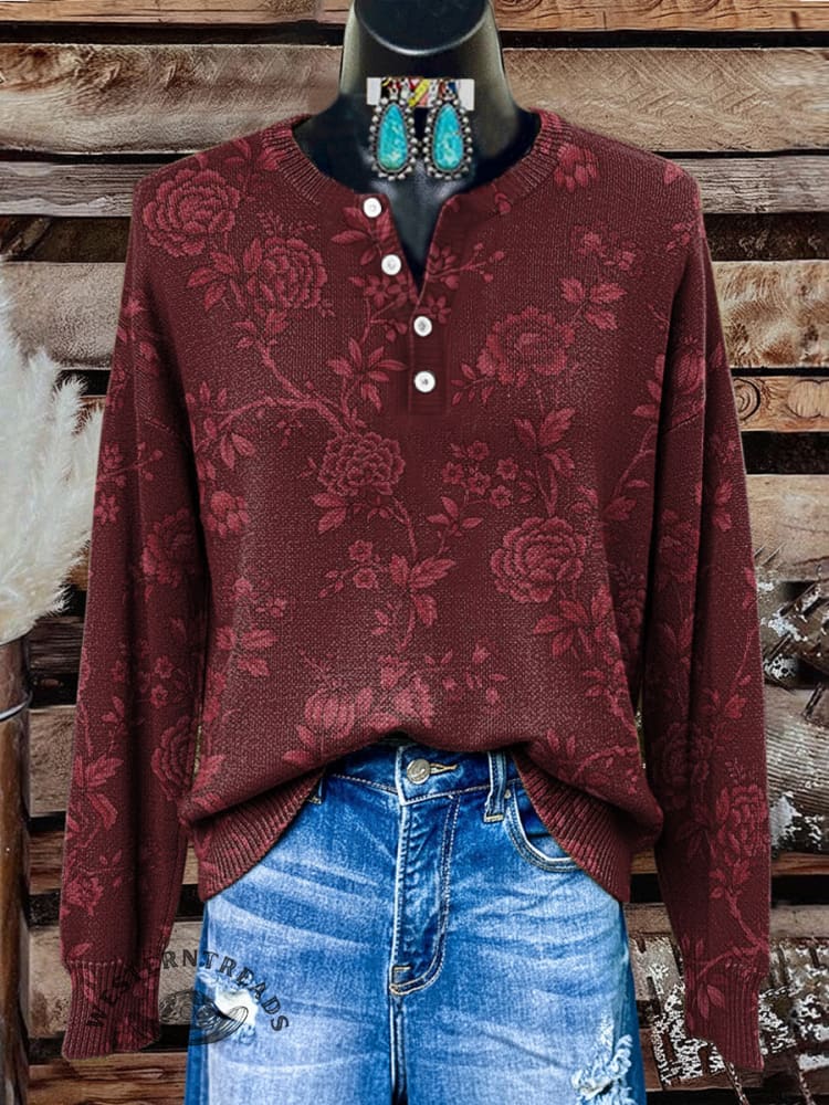 Floral Pattern Art Print Buttoned Cardigan Sweater