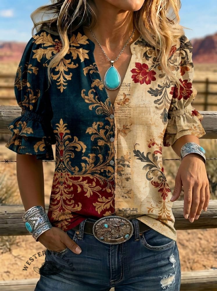Women's Retro Floral Art Puff Sleeve Casual Shirt