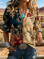 Women's Retro Floral Art Puff Sleeve Casual Shirt