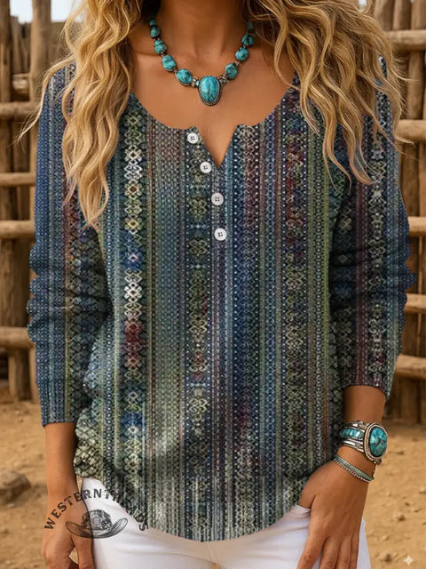 Women's Retro Color Stripes Art Print Henley Neck Sweater