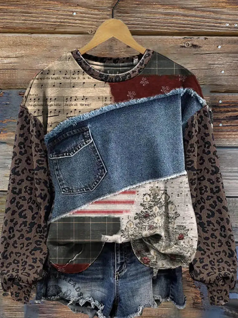 Patchwork Denim Leopard Print Christmas Sweatshirt