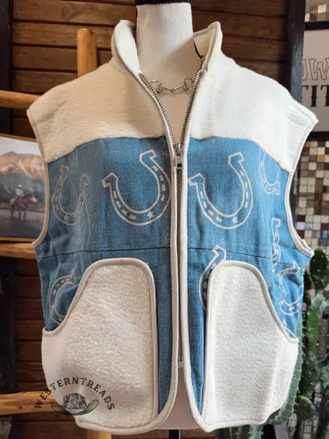 Women's Western Art Print Denim Patchwork Vest Jacket