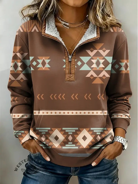 Brown Aztec Print Casual Half-zip Cotton Sweatshirt