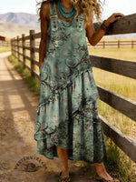 Retro Floral Print Sleeveless Multi-layered Ruffled Strap Dress