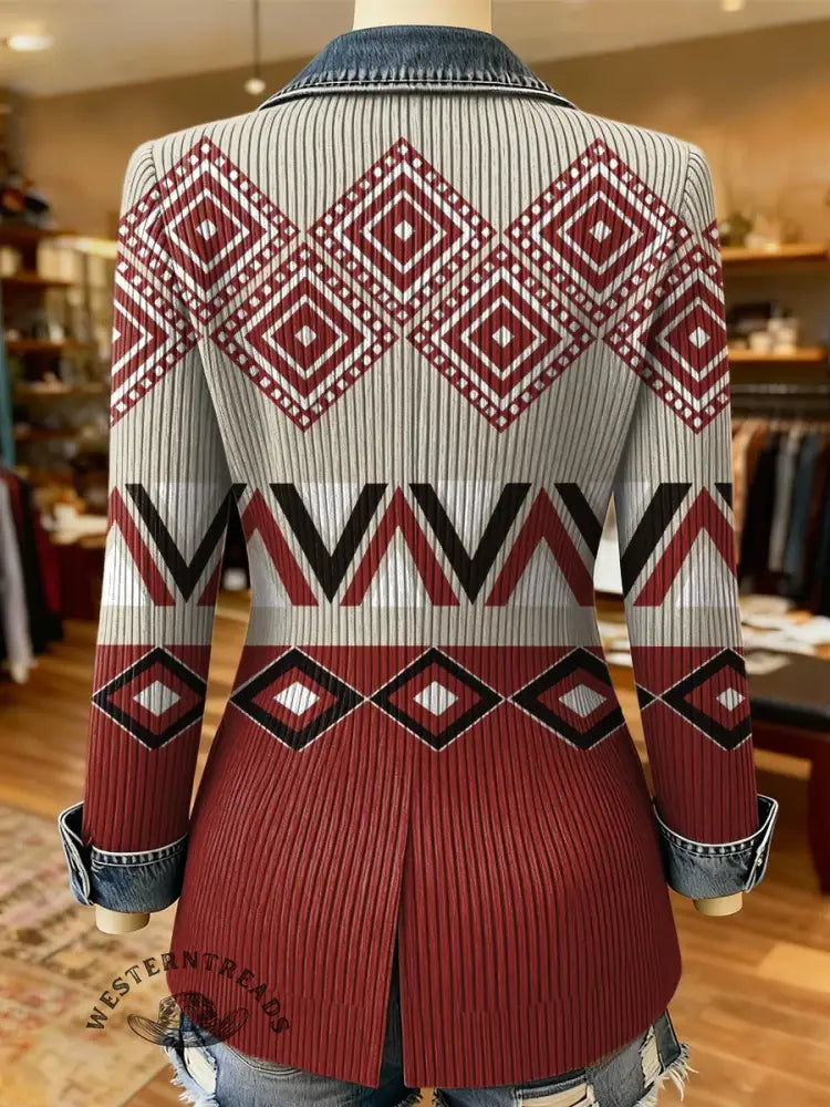 Retro Art Pattern Print Patchwork Denim Sweater Cardigan Coat