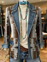 Retro Aztec Art Print Patchwork Denim Sweater Cardigan Coat