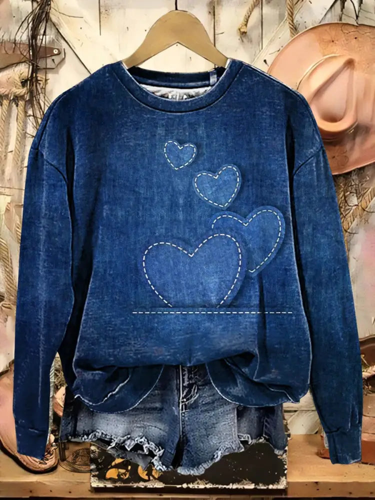 Retro Demin Heart Print Casual Cotton Sweatshirt