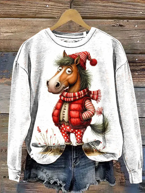 Christmas horse Claus Casual Cotton Sweatshirt
