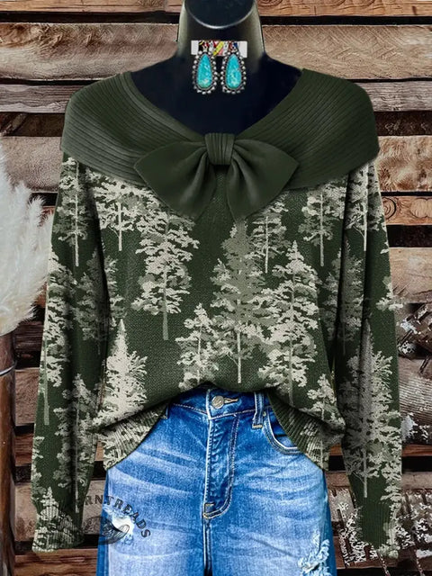 Retro Tree Art Print Buttoned Cardigan Sweater