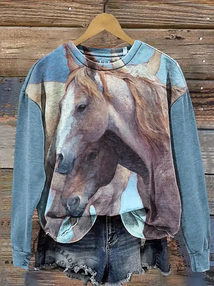 Retro Horse Art Print Casual Cotton Sweatshirt