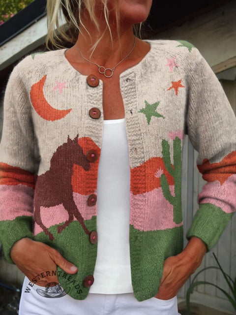 Western Print Buttoned Cardigan Sweater