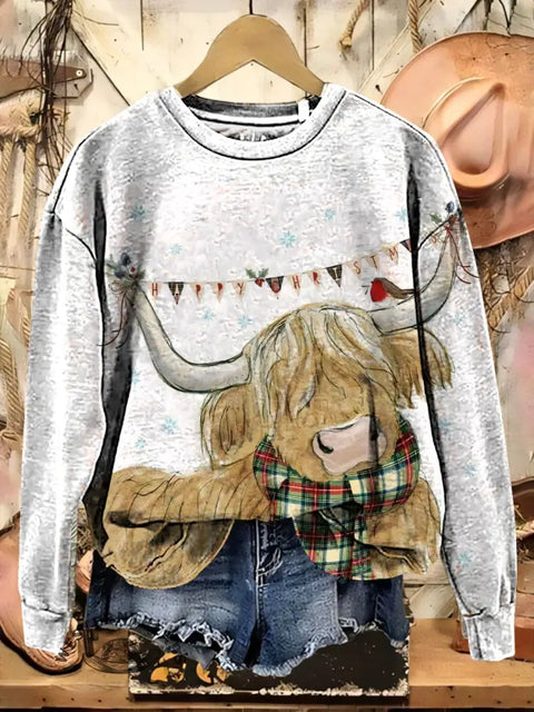 Cow Art Print Casual Cotton Sweatshirt