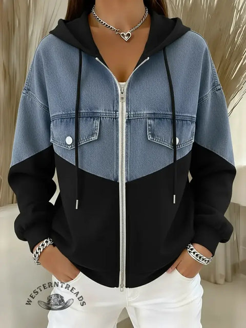 Casual Patchwork Denim Hooded Zip-up Cotton Sweatshirt
