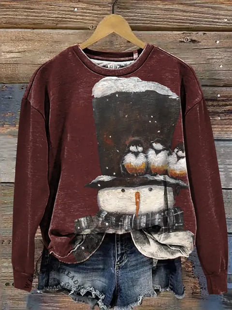 Retro Snowman Art Print Casual Cotton Sweatshirt