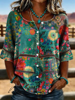 Vintage Floral Print Casual Hollow-Out Denim Shirt